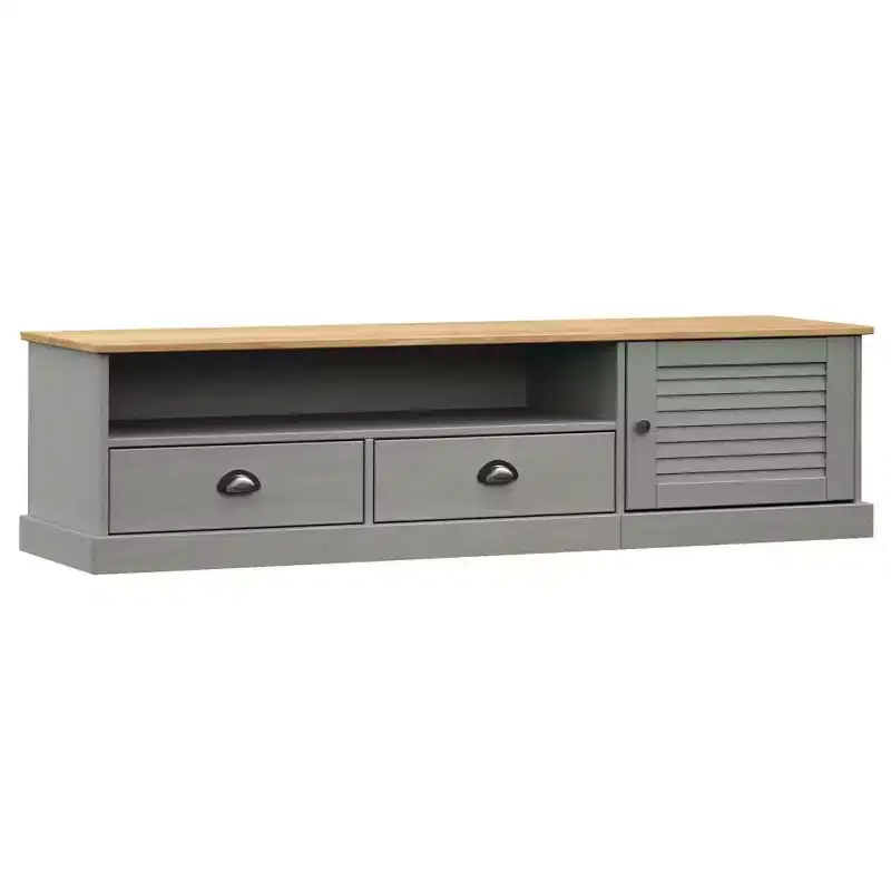 vidaXL Solid Pine Wood VIGO TV Stand - Gray Media Console with Drawers, Entertainment Center, and Shutter Door Design for Living Room