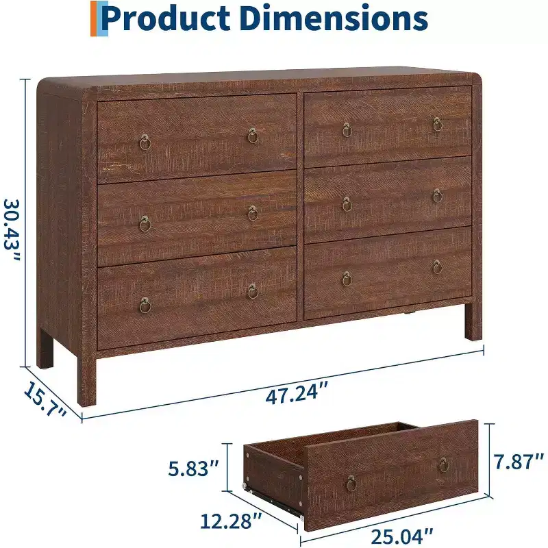 6 Drawer Dresser, Storage Organizer with Sturdy Metal Handle, TV Stand for 55 inch TV, Chest of Drawers for Living Room, Hallway, Closet