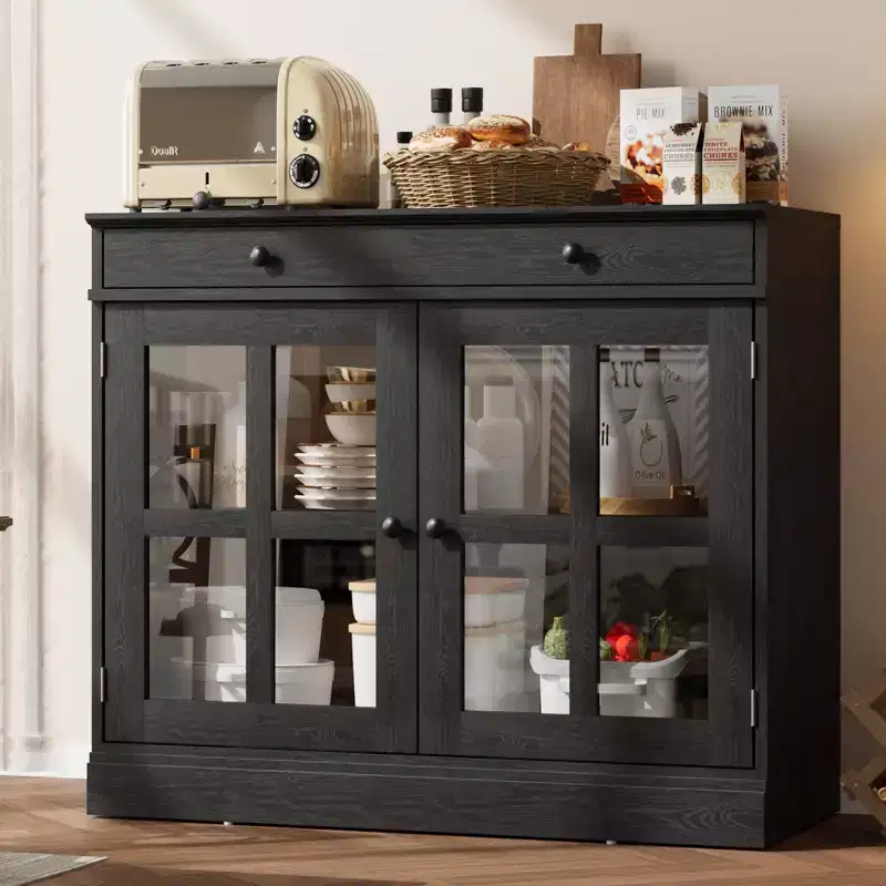 35.4 Sideboard Buffet Cabinets with Glass Door, Sideboard Cabinet with Drawer, Modern Sideboard Buffet for Bedroom, Dining Room, Living Room