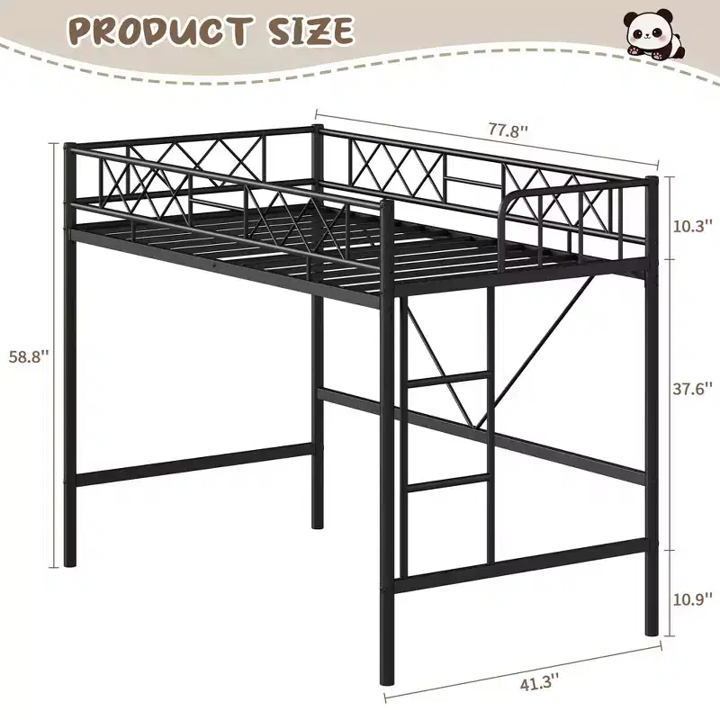 Loft Bed Twin Size with Arched Safety Guardrail & Safety Ladder, Heavy Duty Metal Frame with Sturdy Steel Slats, No Box Spring Needed, Space Saving
