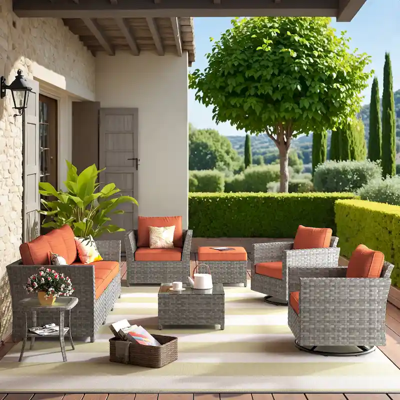 HOOOWOOO 9-piece Handwoven Wicker Patio Sectional Set with Swivel Rocking Chair