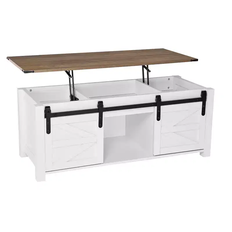 47.2in Farmhouse Lift Top Coffee Table,Rustic Center Table with Barn Door and Hidden Storage Compartment,Modern Rectangle Lifting Tabletop,White