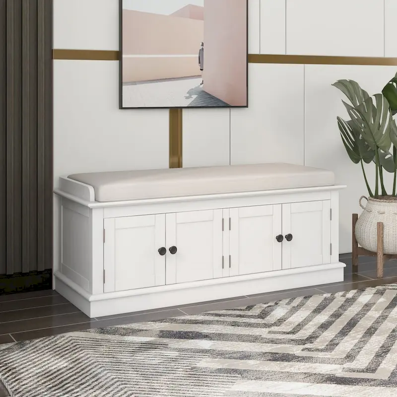White/Blue 4-Door Storage Bench with Adjustable Shelves & Removable Cushion (2-Person Seat)