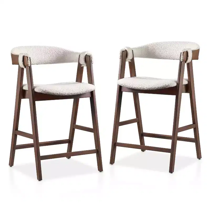 HOMES: Inside + Out Set of 2 Pearlcrest Mid-Century Modern Boucle Upholstered Counter Height Barstool Chairs Walnut
