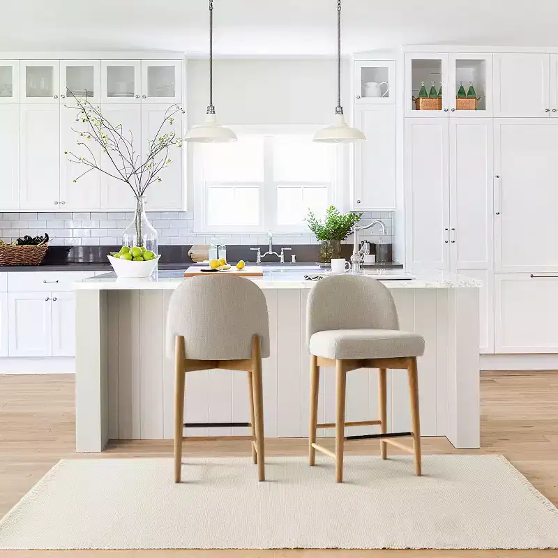 Set of 2 Modern Counter Height Bar Stools, 26 Upholstered Linen Kitchen Island Chairs with Solid Wood Legs & Curved Back - Panipeachy