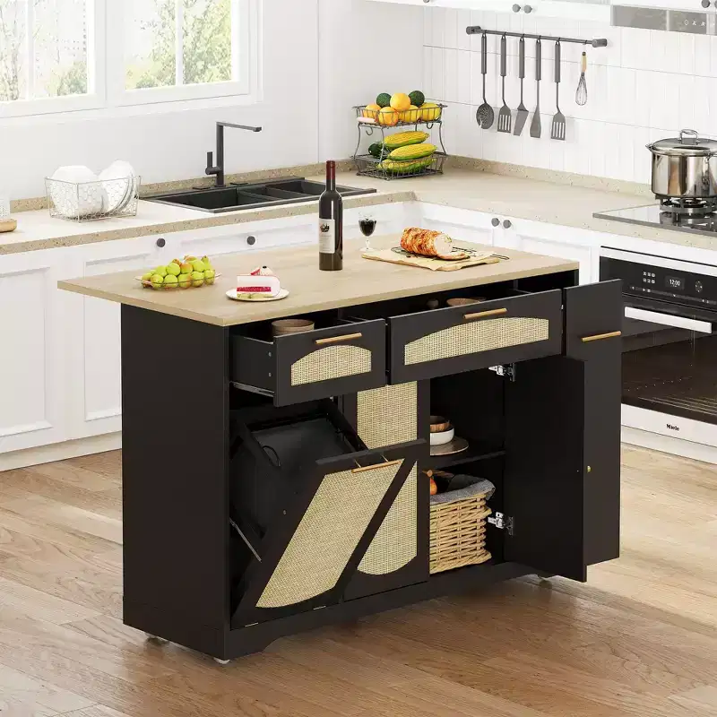 Modern Kitchen Island on Wheels, Multifunctional Kitchen Island Cart with Trash Storage Cabinet, 2 Drawer, Spice Rack, Drop Leaf for Kitchen