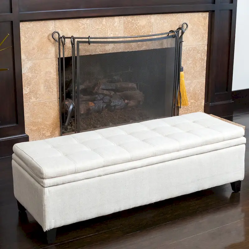 Tufted Linen Storage Bench