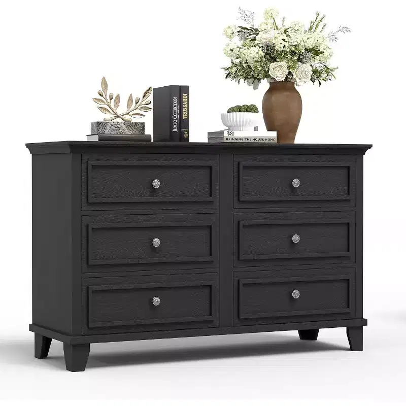 Farmhouse white storage cabinet with 6 drawers, dresser TV stand with vintage handles, wide wood for bedroom, living room, hallway