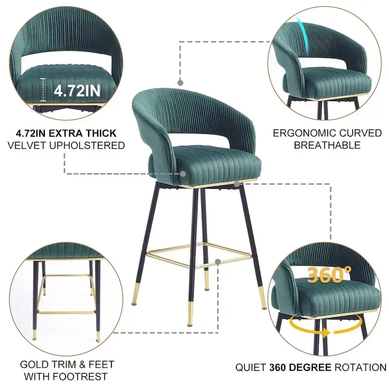 Hausfame Velvet Upholstered Set of 2 Swivel Barstool With Backs - 22.2 in. W X 21.5 in. D X 40 in. H