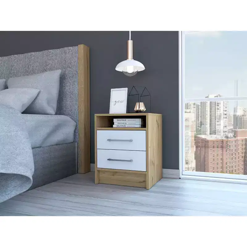With a clean modern design, this Eter Nightstand , End Table, Side Table Superior Top, Two Drawers -White / Light Oak provides practical storage.
