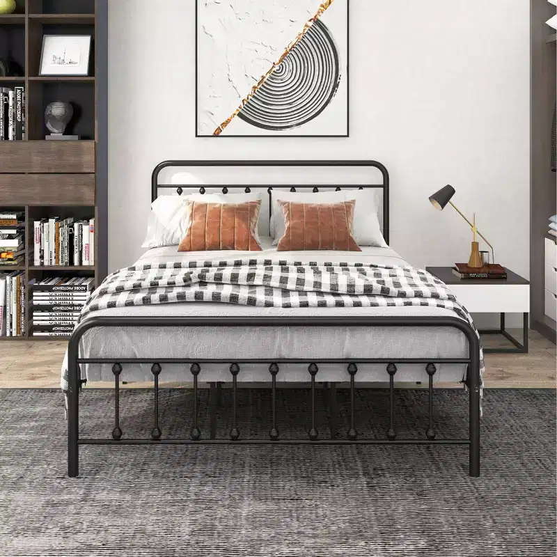 Okak Queen Size Bed Frame, Metal Platform Bed Frame with Headboard and Strong Slat Support for Bedroom, Living Room, Black