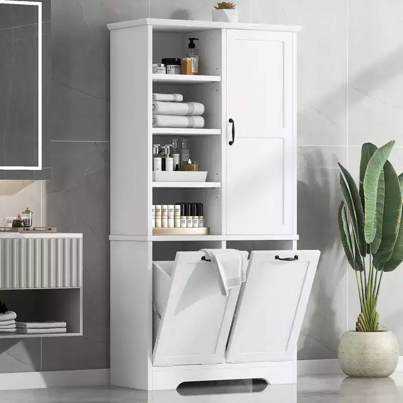 Whisen Bathroom Storage Cabinet with Drawers, Tilt-Out Laundry Hamper and Open Shelves