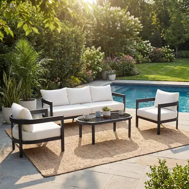 Christopher Knight Home Daniela Modern 4 Piece Aluminium Patio Seating Set with Curved Backrest, Cushion and Tempered Glass Top