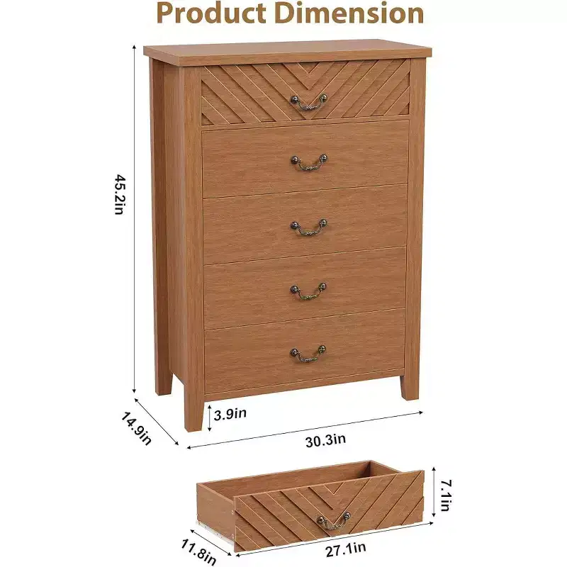 5 Drawer Dresser for Bedroom, Brown 5 Chest of Drawers Nightstand with Elegant V Shape Design, Wooden Dresser Organizer for Living Room, Nursery