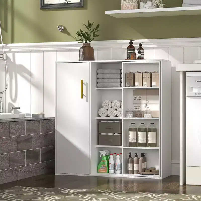VECELO 4-Tier Floor Storage Cabinet, Kitchen Pantry Storage with Door & Adjustable Shelves, Freestanding Organizer for Bathroom, White