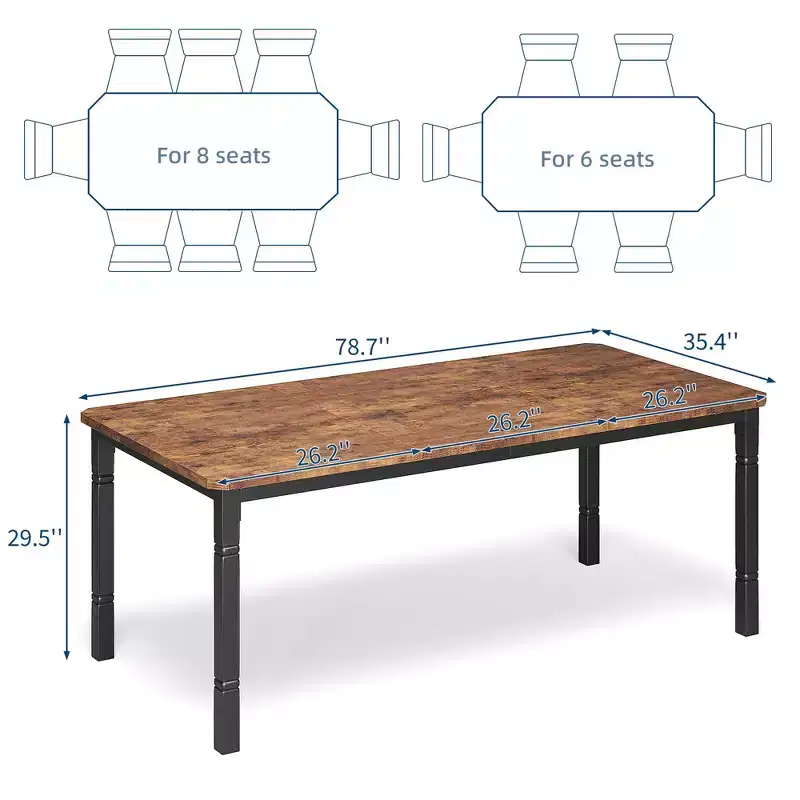 Industrial Dining Table for 4-6 People, 78.7L Rectangular Kitchen Table with Metal Legs, Heavy Duty Dinner Table for Kitchen, No Chairs