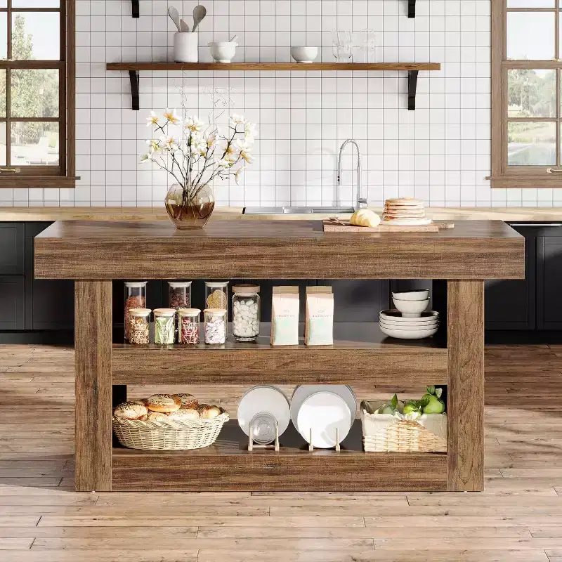 Lantine 55 Kitchen Island, 3-Tier Stationary Island Table with Large Countertop, Wooden Coffee Bar Table Storage Cabinet for Dining Room