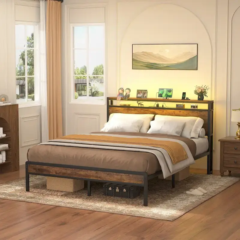 Metal Platform Bed Frame with Storage Headboard, LED Lights, and Charging Station