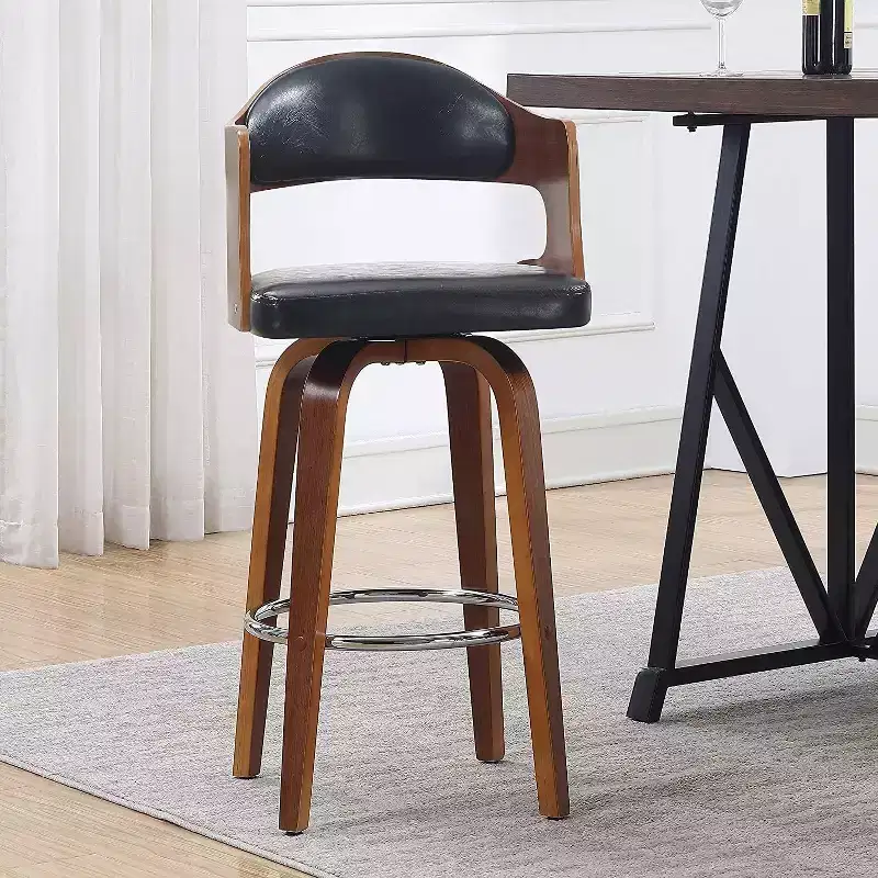Mid-Century Swivel Counter Stool with Faux Leather & Wood Frame, Copper Accent Bar Chair