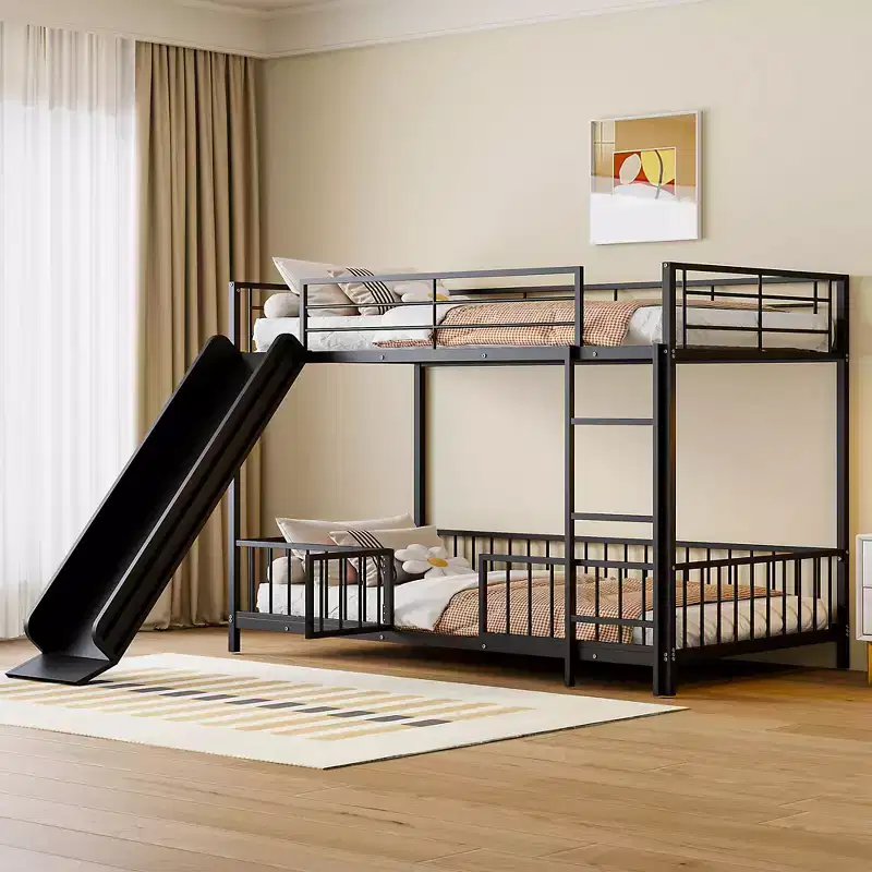Metal Bunk Bed with Slide & Guardrails, Metal Bunkbeds Frame for Kids' Bedrooms