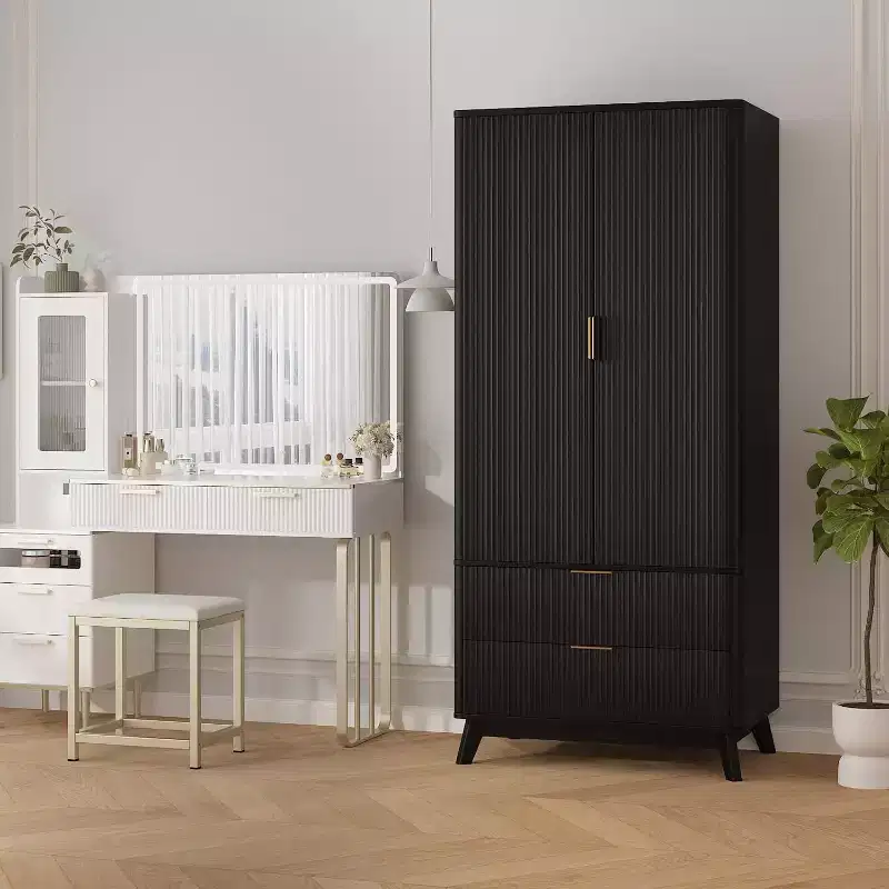 71 Wood Wardrobe Armoire with 2 Doors, Hanging Rod, Adjustable Shelf & 2 Drawers, Freestanding Bedroom Gym Closet Cabinet