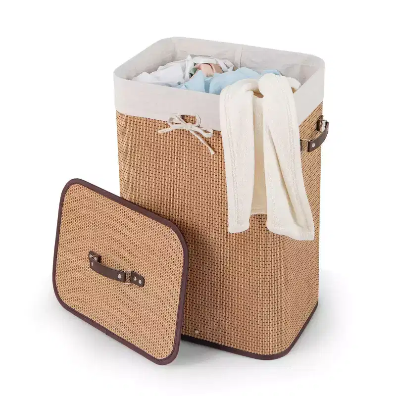 Rectangle Bamboo Laundry Hamper with Lid, 72L Storage Basket