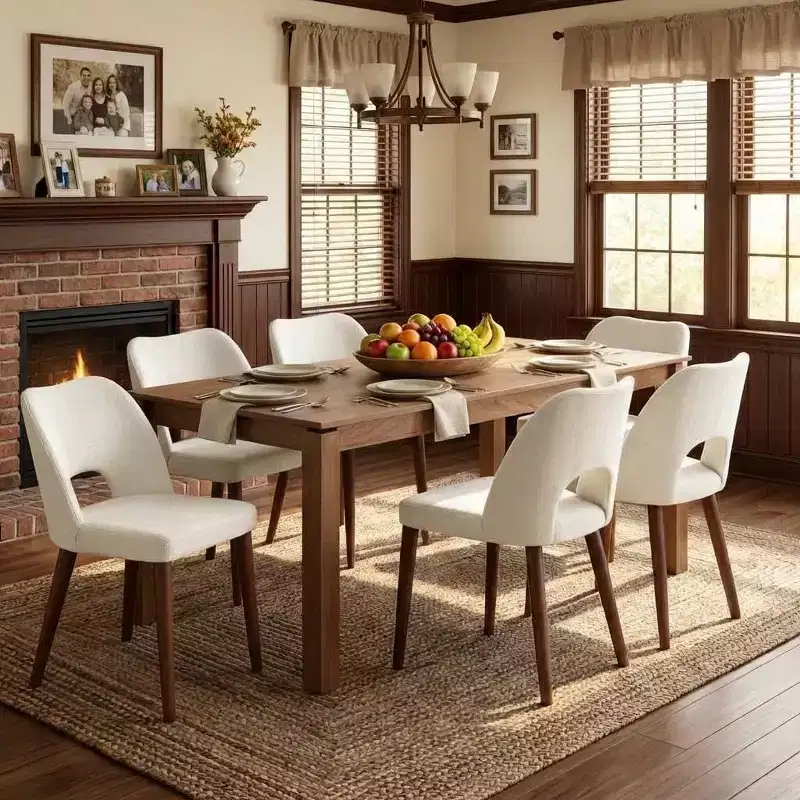 Wooden Dining Chairs 6pcs, Fabric Upholstered Dining Room Chair Hollow Back Kitchen Chairs with Adjustable Foot Pads, for Kitchen Dining Room, White