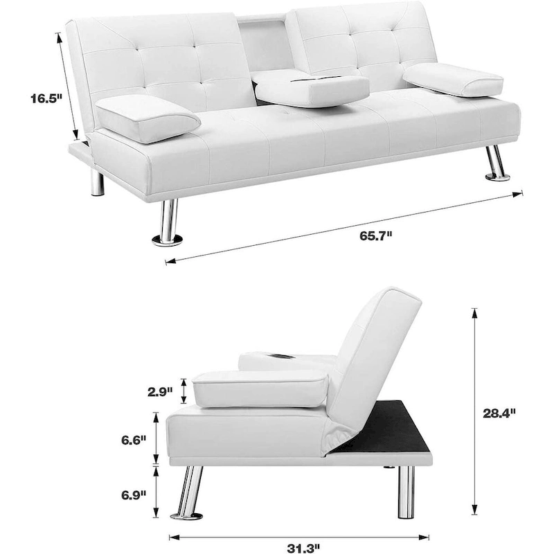 Furniwell Modern Faux Leather Futon with Cup Holders & Pillows, 65