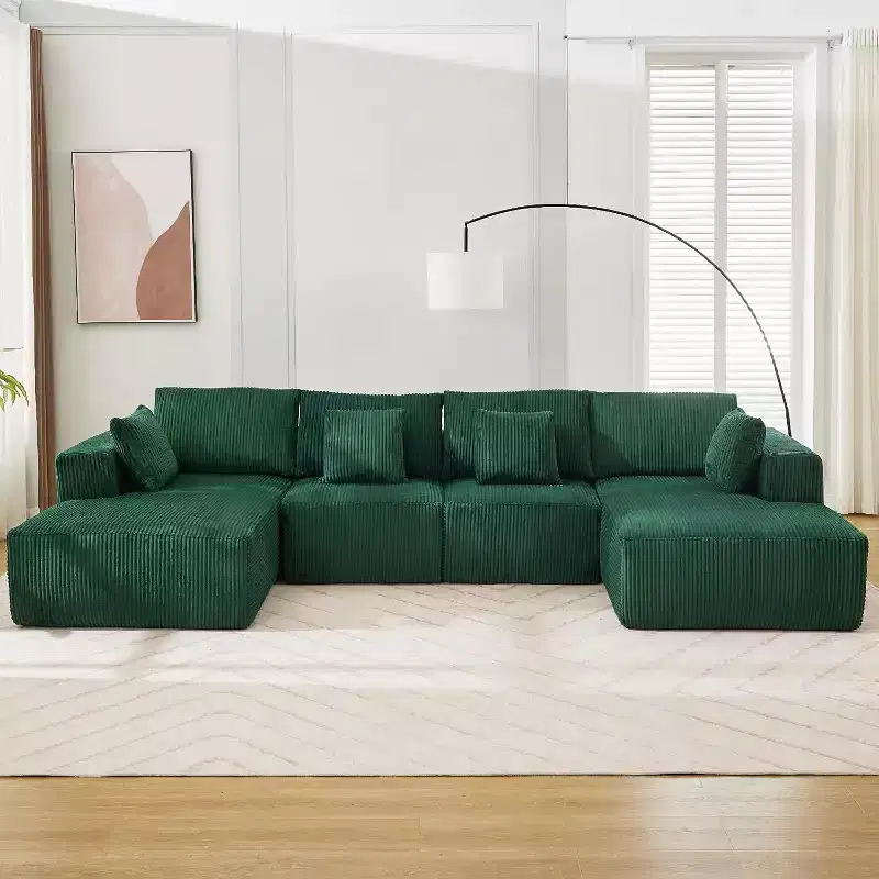 Acekool Ultra Soft Corduroy Sectional Sofa, 137 U-Shape | No-Assembly Modular Design w/ 2 Chaise Lounges | Convertible Sleeper