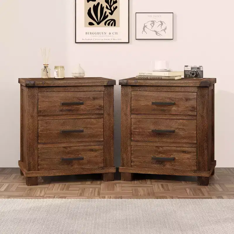 GDFStudio Ken Rustic Solid Wood Nightstand with 3-Drawer (Set of 2)