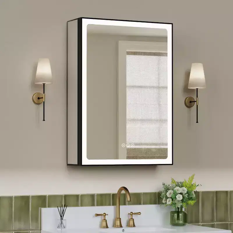 Bathroom Medicine Cabinet with LED Mirror, Surface or Recessed Mount, Dimmable Light, Anti-Fog, Adjustable Shelving