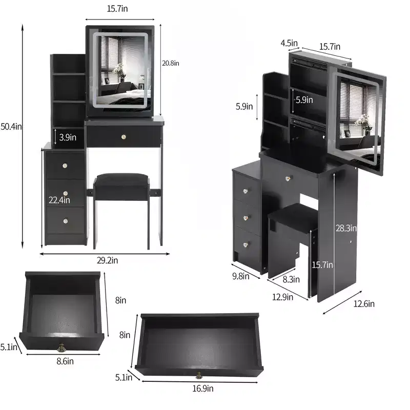 Okak Vanity Table and Chair Set, 29.2 Small Size Left Bedside Cabinet Vanity Table with Large Touch Control Sliding LED Mirror, Black