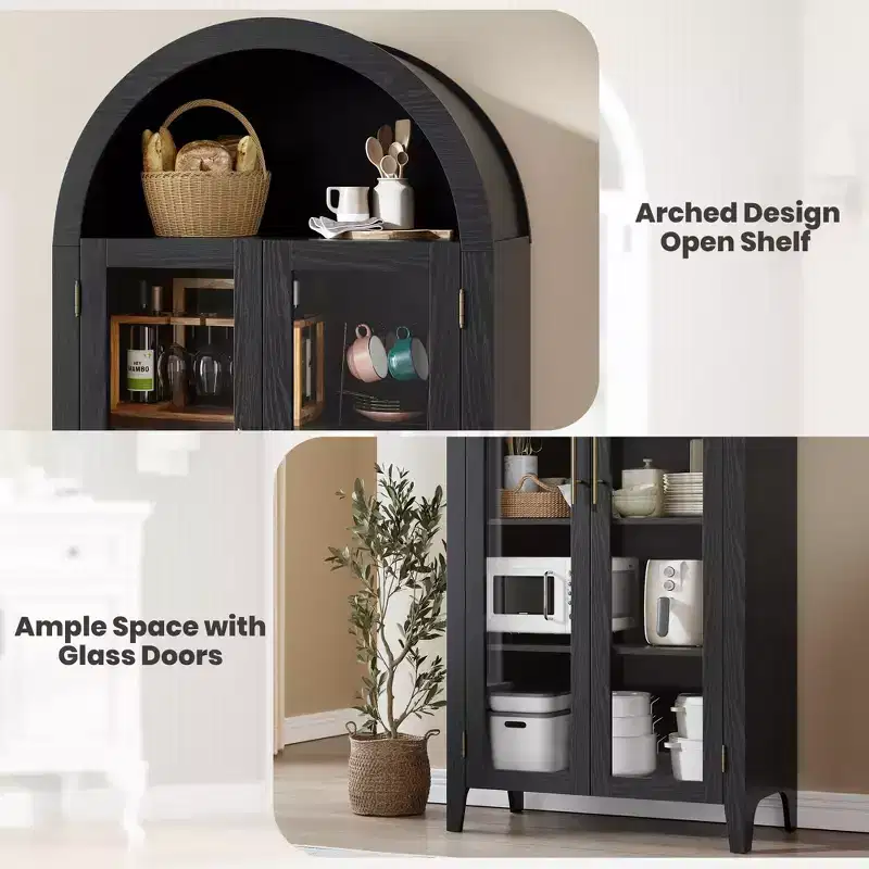 Farmhouse Arched Storage Cabinet, 5-Tier Display Shelf, 2 Glass Doors, Adjustable Shelf, Versatile Cupboard for Kitchen, Dining Room, Living Room