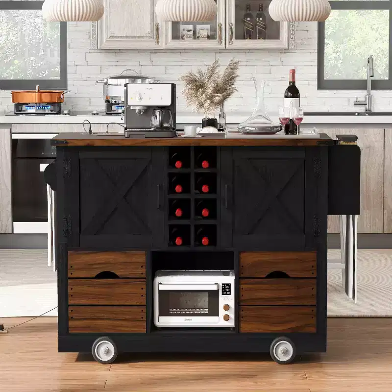 54 Farmhouse Rolling Kitchen Cart with Drop Leaf, Mobile Kitchen Storage Island with Large Wheels for Kitchen or Dining Room-Panipeachy