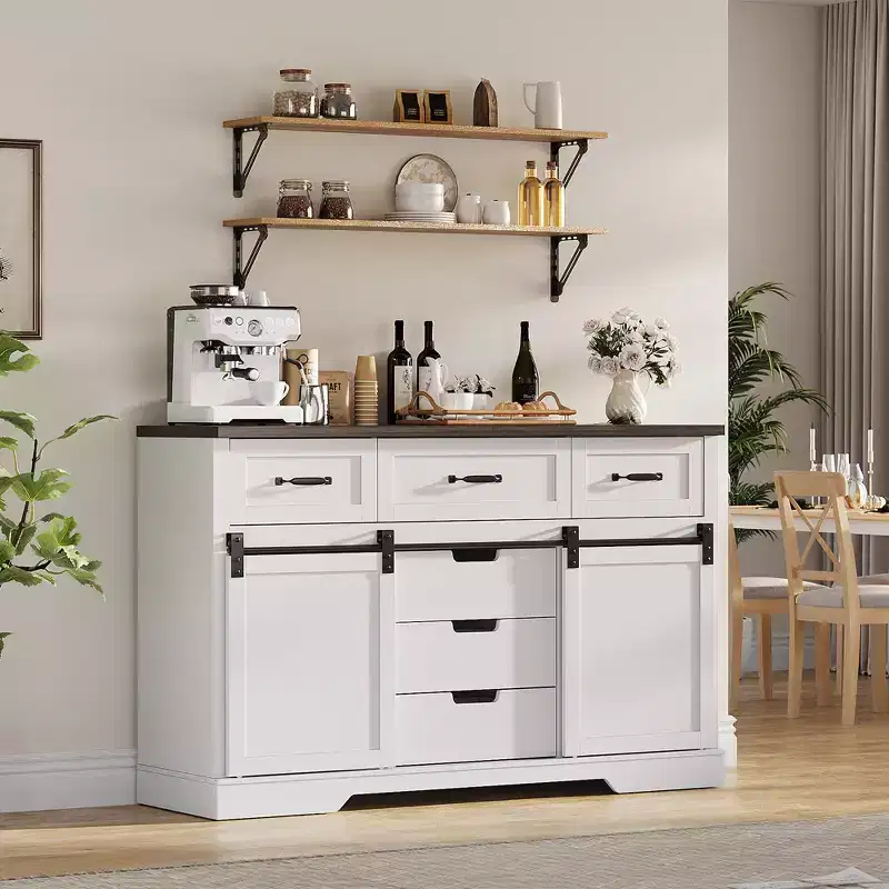 Wooden Storage Cabinet for Bedroom with 6 Drawers Sliding Barn Door White