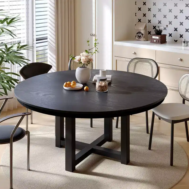 59 x 59 Solid Wood Farmhouse Dining Table Round Wood Texture Top with Cross X Base for Modern Dining Rooms & Family Gatherings, Black