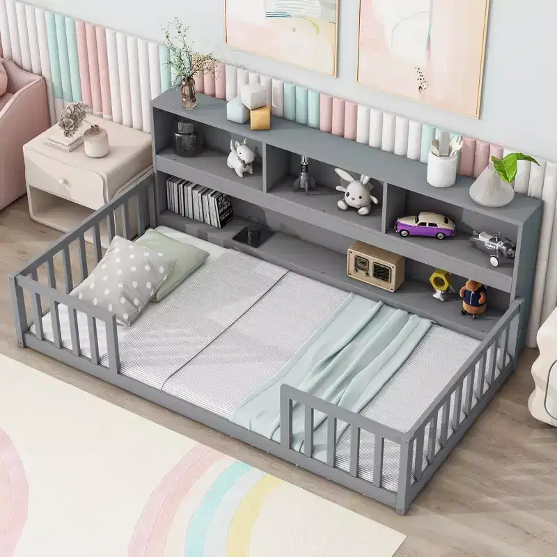 Twin Floor Bed with Bookcase & Guardrails