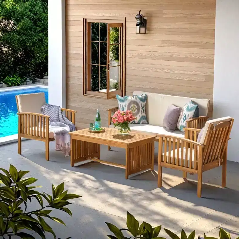 Christopher Knight Home Navan Outdoor Acacia Wood 4 Seater Chat Set with Water-Resistant Cushion