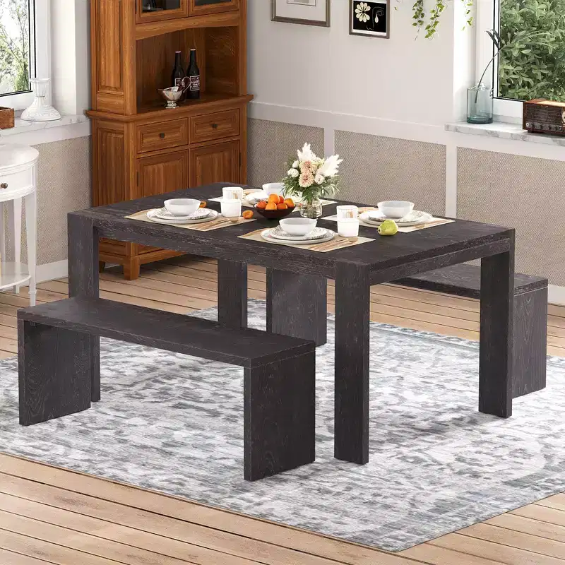 3-Piece Farmhouse Style Dining Set, Dining Table and 2 Benches for Dining Room, Kitchen and Living Room - ModernLuxe