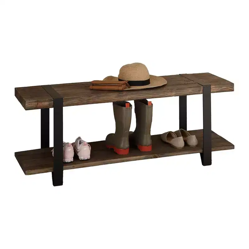 Alaterre Furniture Modesto 48 in. Solid Wood Entryway Bench with Storage Shelf, Rustic Natural Finish with Black Metal Legs and Strap Accent