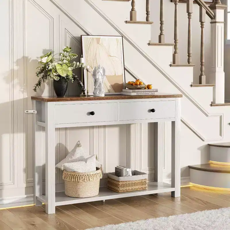 2-Tier Farmhouse Console Table with Drawers, Narrow Sofa Table for Entryway, Living Room, or Hallway - White