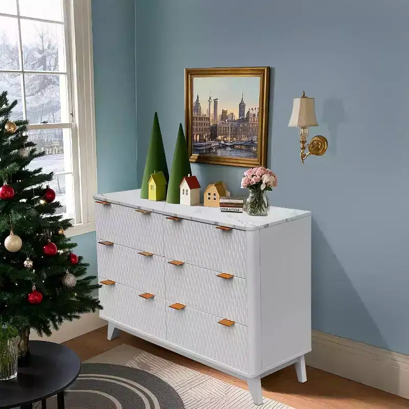 6 Drawers Dresser with Faux Marble Top, Sturdy Storage Cabinet with Anti-Tip Design