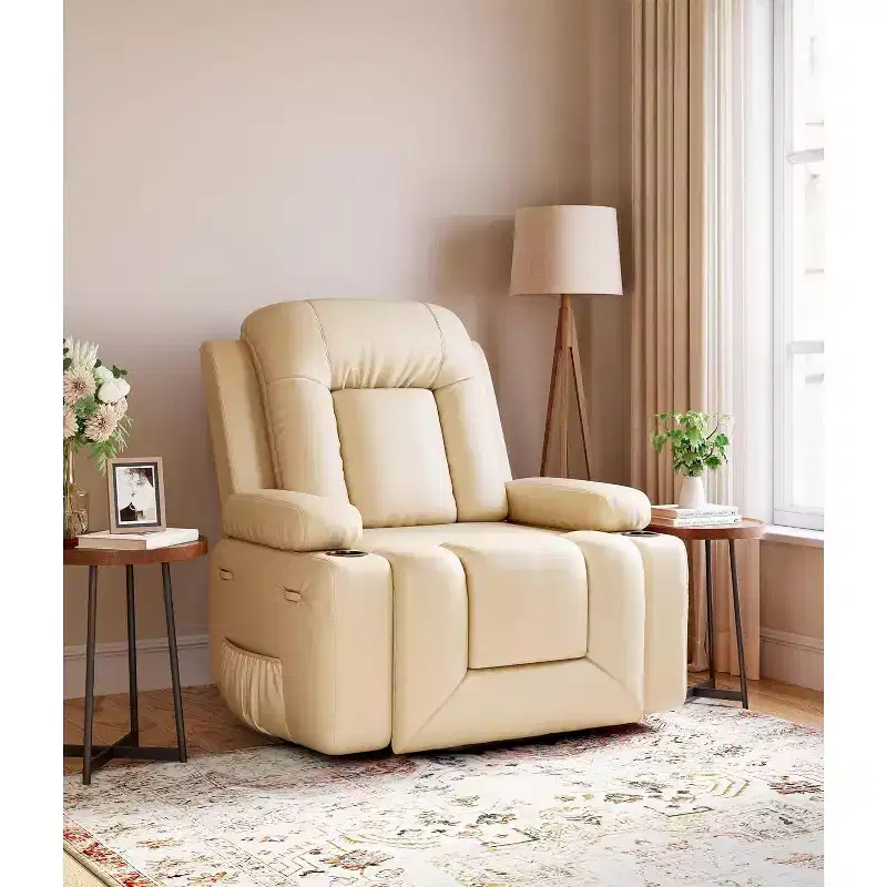 Oversized Power Lift Recliner Chair with Heat & Massage - Faux Leather Recliner, Built-In Storage & Cup Holders