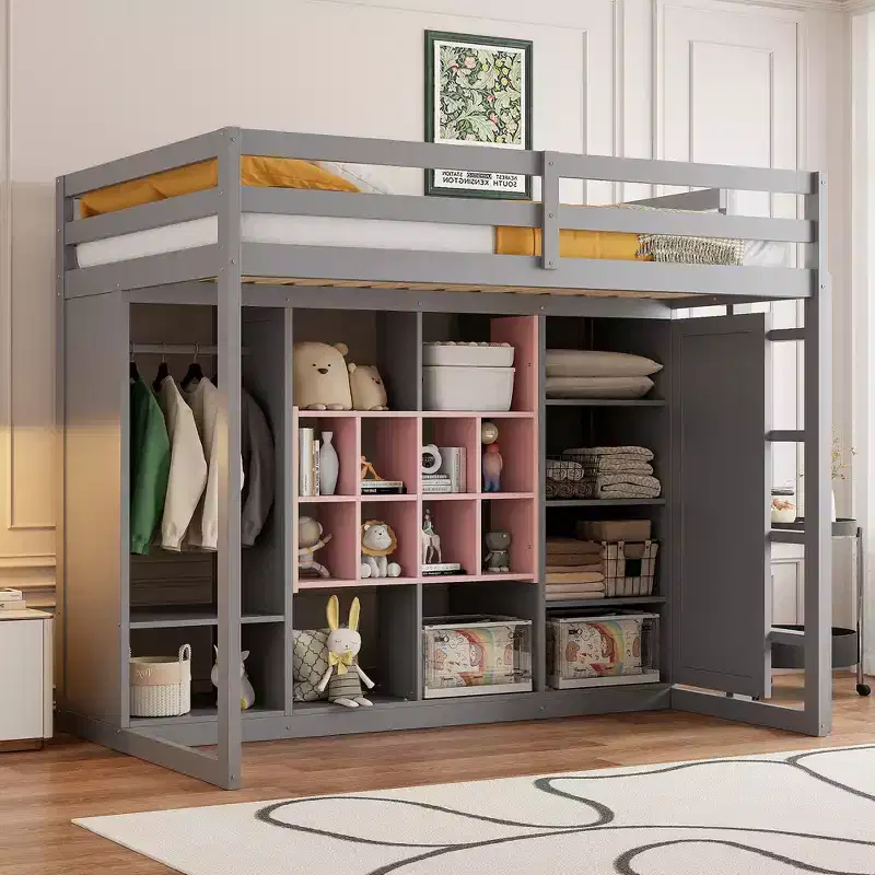 Kids Loft Bed with Wardrobe and Shelves, Wooden Loft Bed Frame with Storage Cabinet for Kids Teens