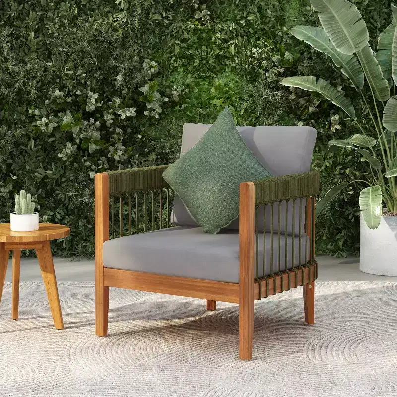 Acacia Wood Outdoor Club Chair with Handwoven Rope Accents, Curved Backrest, Water-Resistant Cushions, Slat Paneling for Porch or Garden
