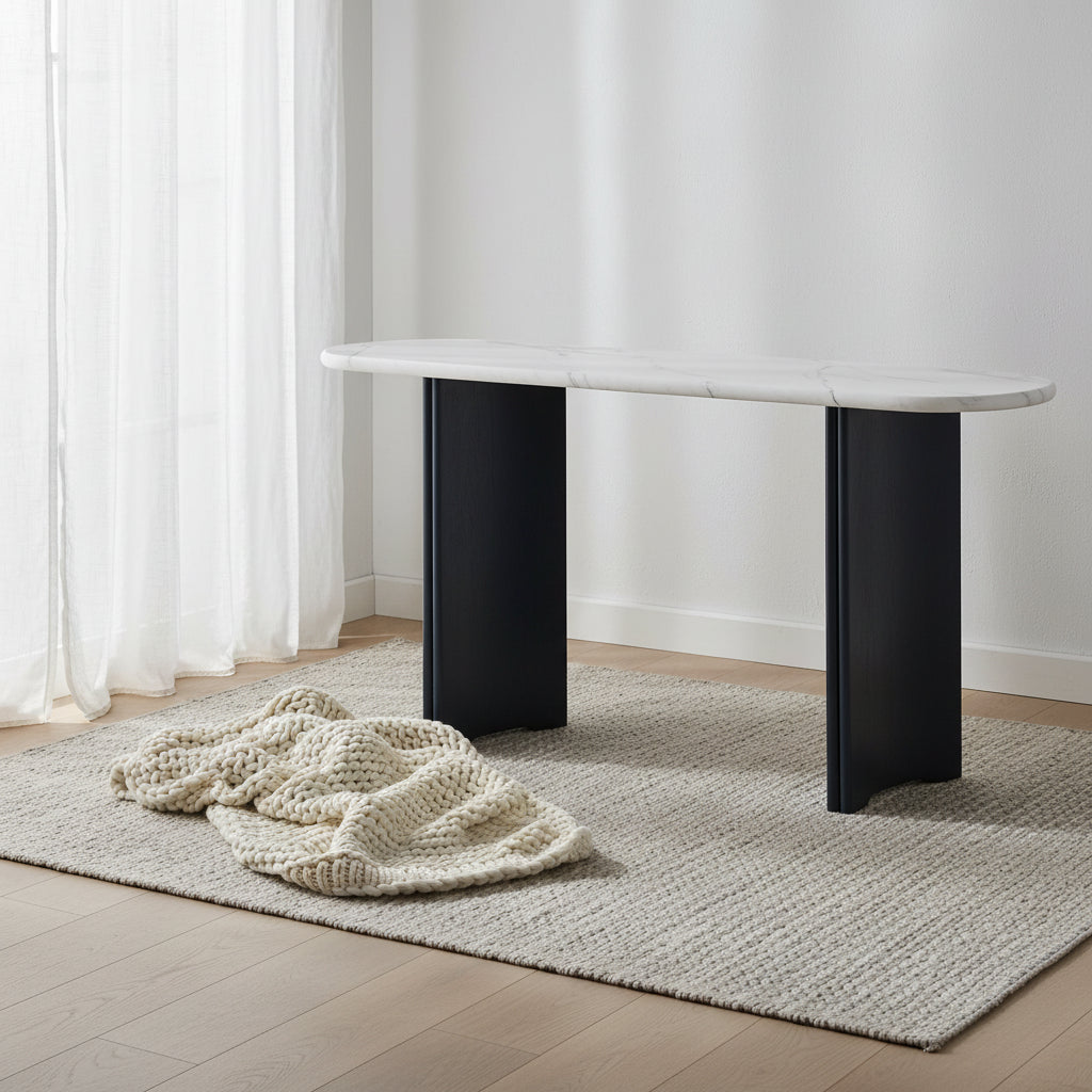 Oval Faux Marble Top Console Table Entryway Table, Narrow Sofa Table Hallway Accent Table with Triangular Base