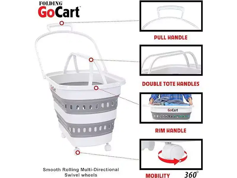 Folding Collapsible Laundry Basket on Wheels, Pop-Up Plastic Hamper Tote for Grocery or Laundry