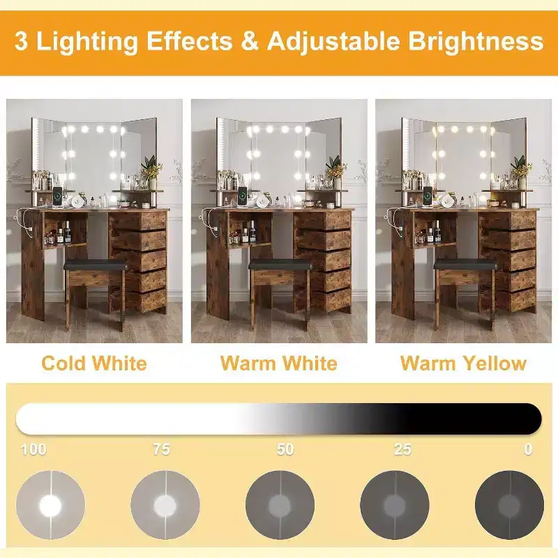 Corner Vanity Desk with Lighted Mirror, Power Strip, 5 Rotating Drawers, Adjustable 3-Color LED, Shelves & Stool, Space-Saving Makeup Table