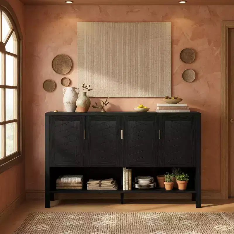 4-Door Geometric Sideboard with Dual Hooks, Adjustable Shelves, and Open Bottom Display