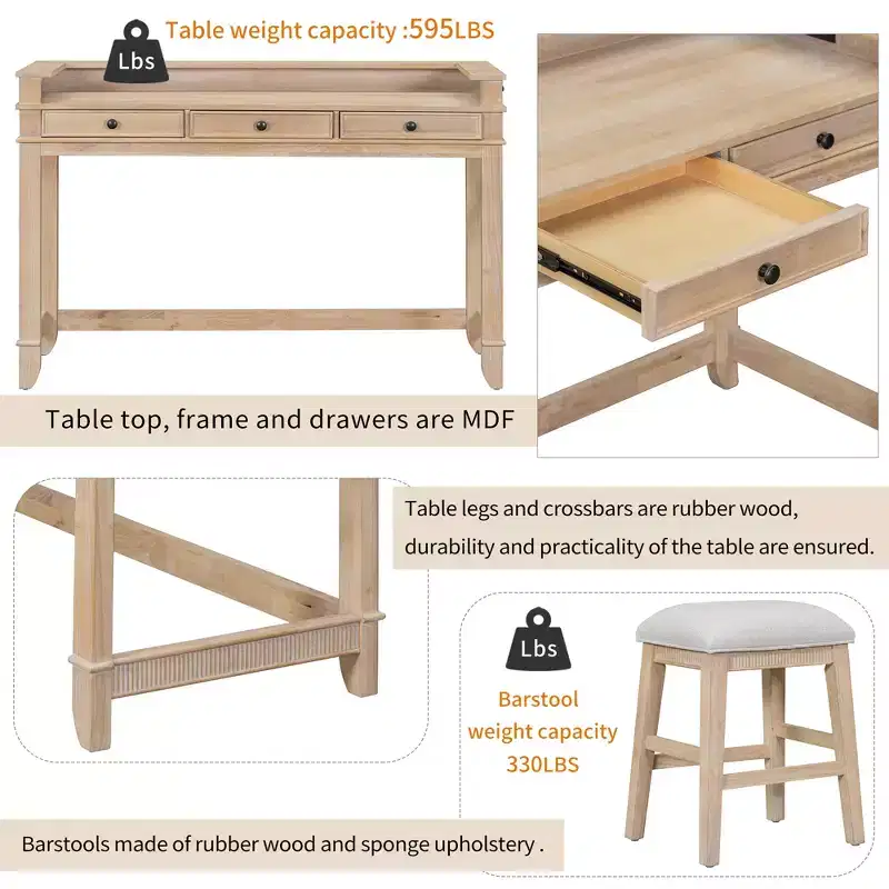 Whisen 4-Piece Dining Bar Table Set with 3 Upholstered Stools and 3 Drawers